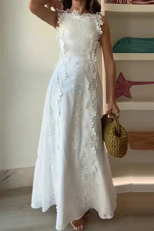 Glorol - Elegant Hollow Out Lace Embroidery Sleeveless Maxi Dress