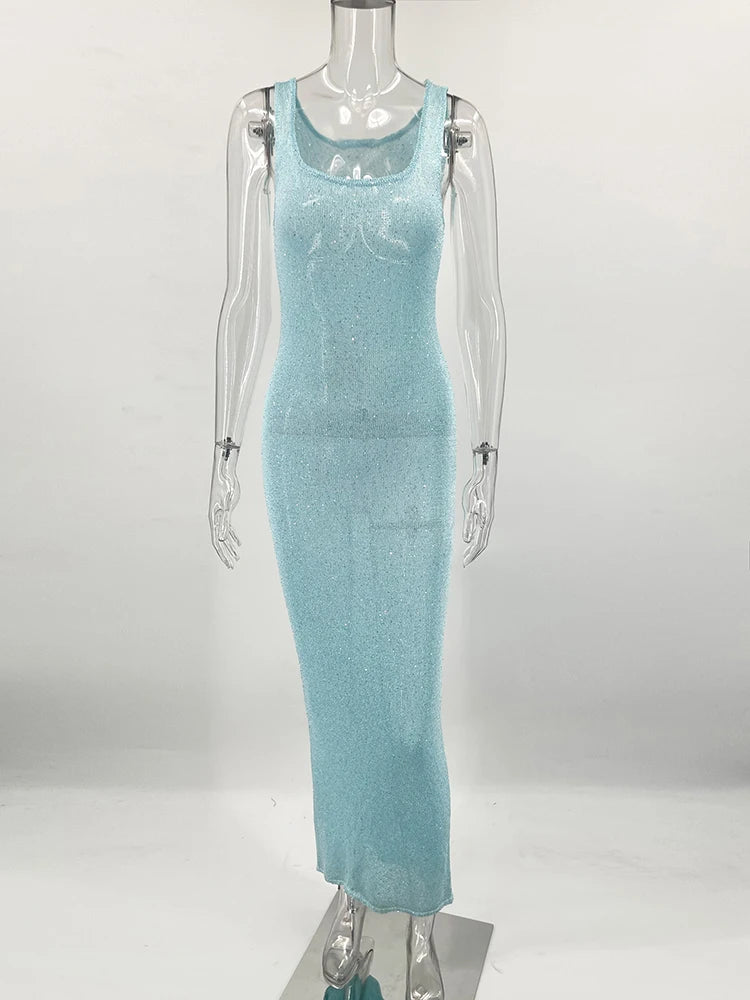 Glorol - See-Through Knitted Slim Backless Maxi Dress