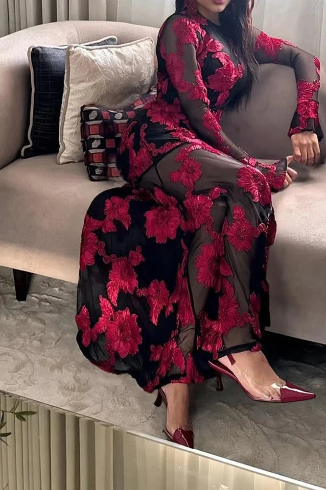 Glorol - Lace Embroidery Floral Fit See-Through Backless High Waist Maxi Dress