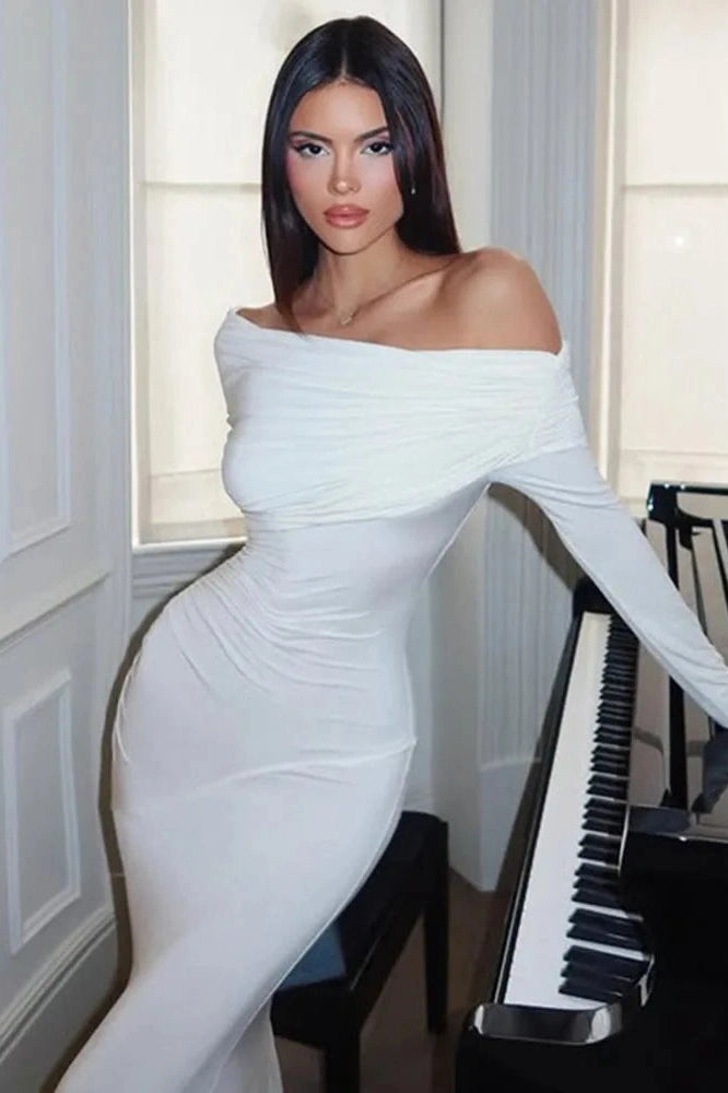 Glorol - Inclined Shoulder Long Sleeve Strapless High Waist Bodycon Maxi Dress