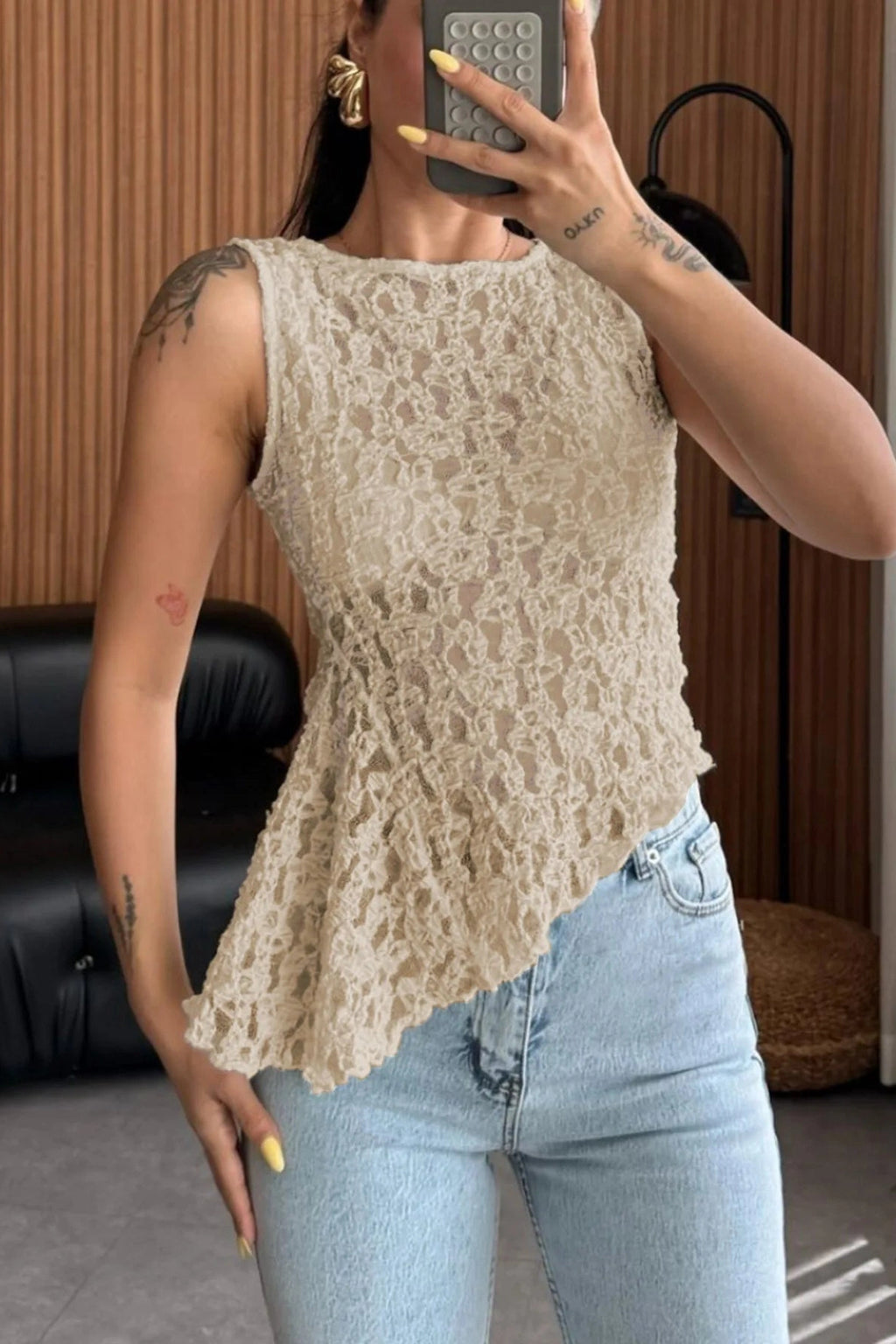 Glorol - See Through Lace O-Neck Sleeveless Irregular Top