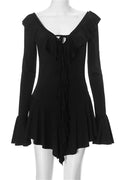 Glorol - Lace-Up V-Neck Patchwork Long Sleeve Slim Mini Dress