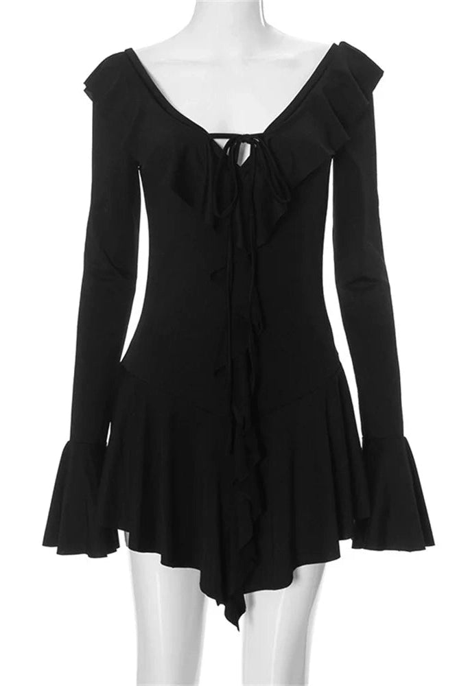 Glorol - Lace-Up V-Neck Patchwork Long Sleeve Slim Mini Dress