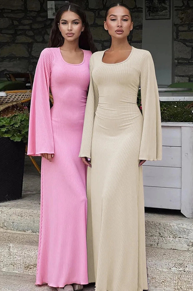 Glorol - Lace-up Long Sleeve Bodycon Maxi Dress