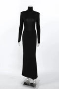 Glorol - Backless Turtleneck Patchwork Slim Long Sleeve Maxi Dress