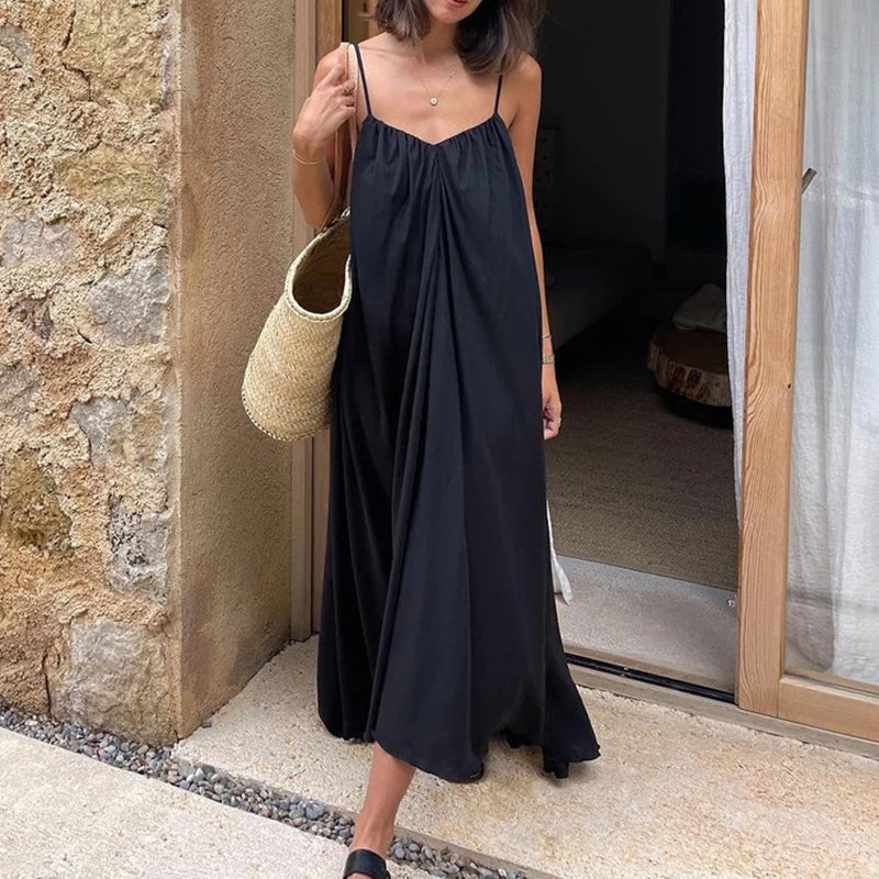 Glorol - Spaghetti Strap Backless Loose Maxi Dress