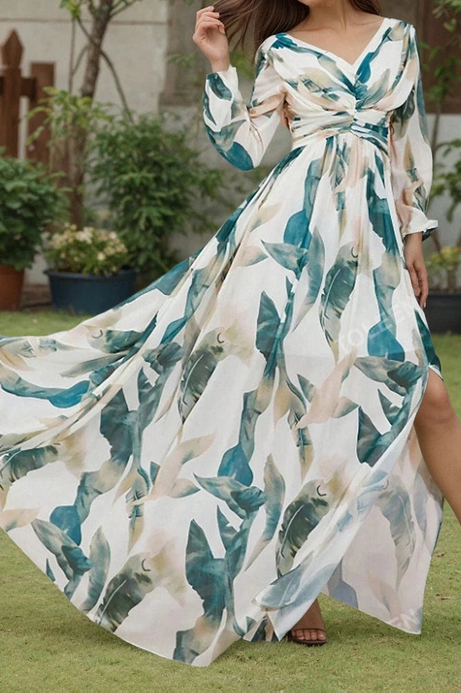 Glorol - Long Sleeve Printed Pleated V-Neck High Waist Maxi Dress