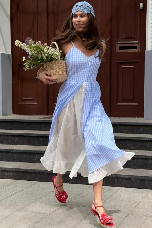 Glorol - Elegant Plaid Patchwork Two-Piece Single-Breasted Midi Dress