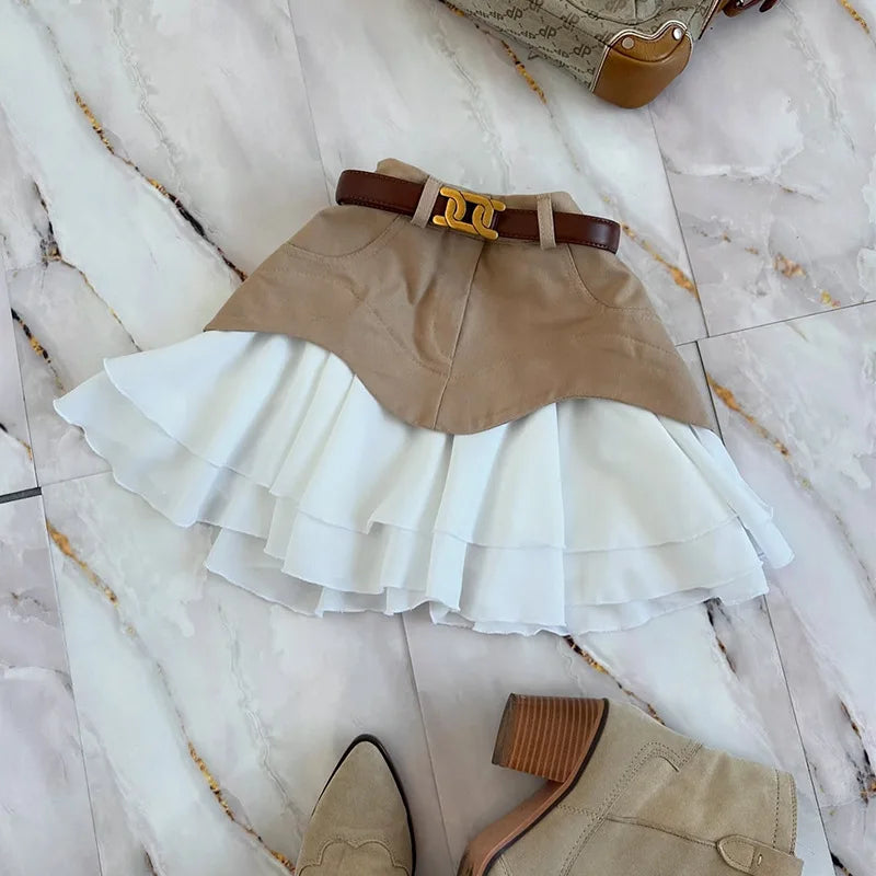 Glorol - High Waist Splice Denim Skirt