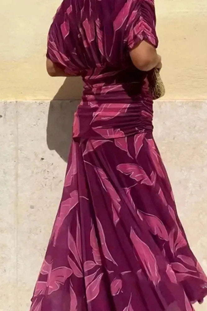 Glorol - Printed Shawl Sleeve High Waist Pleated V-Neck Off Shoulder Maxi Dress