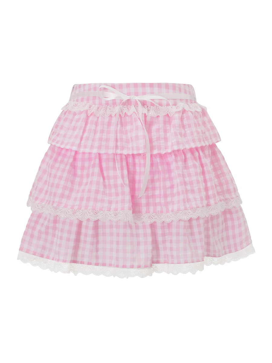 Glorol - A Line Plaid Print Tie-Up Waist Skirt