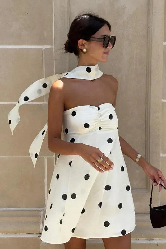 Glorol - Polka Dot Off-Shoulder Backless Pleated Strapless Mini Dress