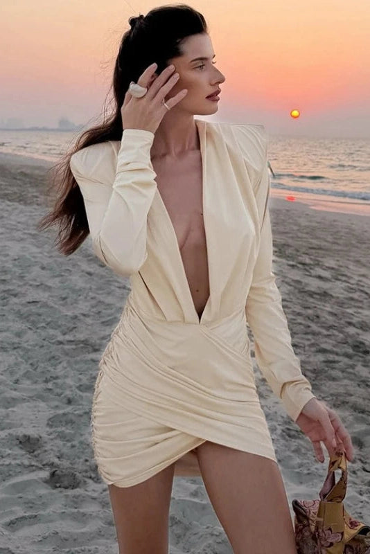 Glorol - Elegant Deep V-Neck Slim Mini Dress