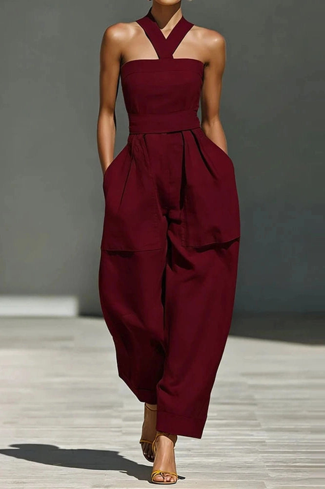 Glorol - Elegant Cross Halter Lace-Up Sleeveless Backless Jumpsuit