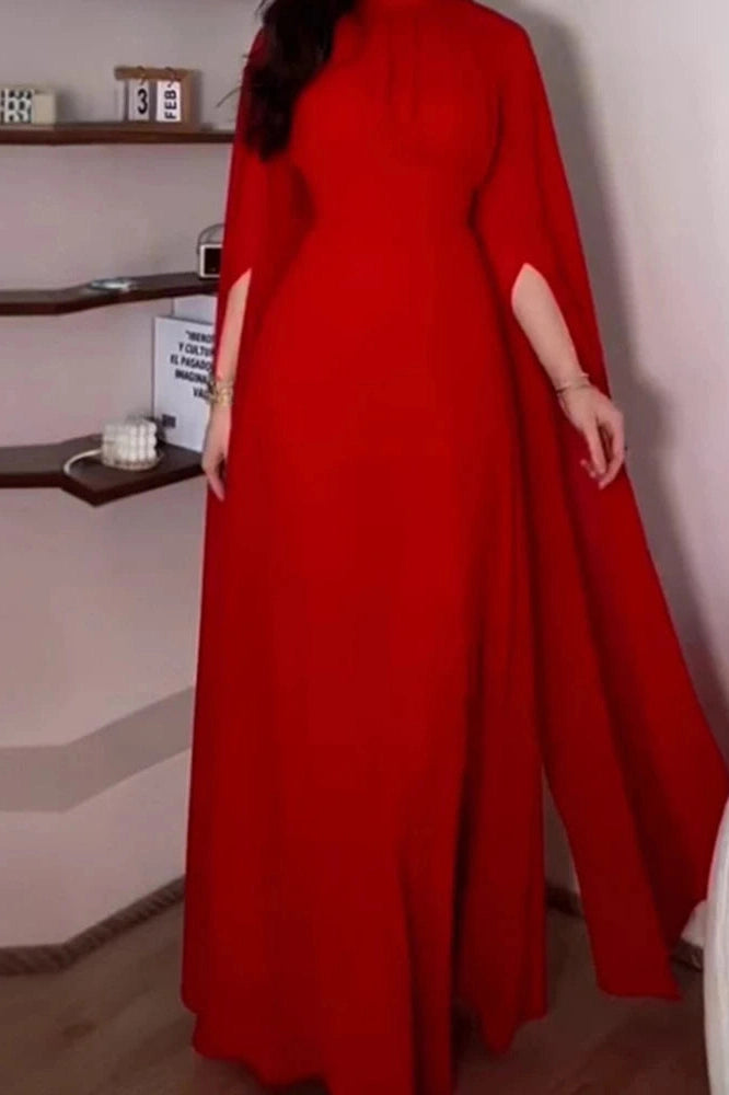 Glorol - Elegant O-Neck Slit Long Sleeve Pleated High Waist Maxi Dress