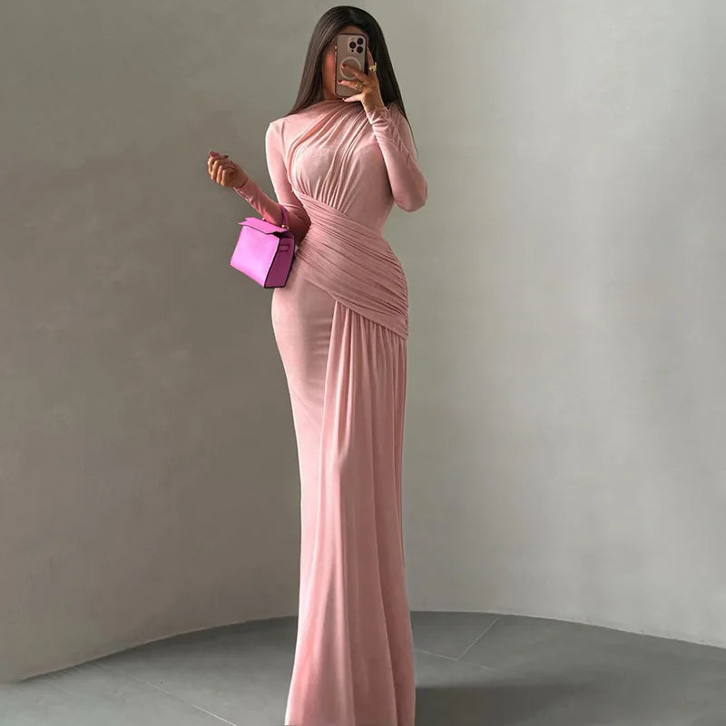 Glorol - Round Neck High Waist Long Sleeve Maxi Dress