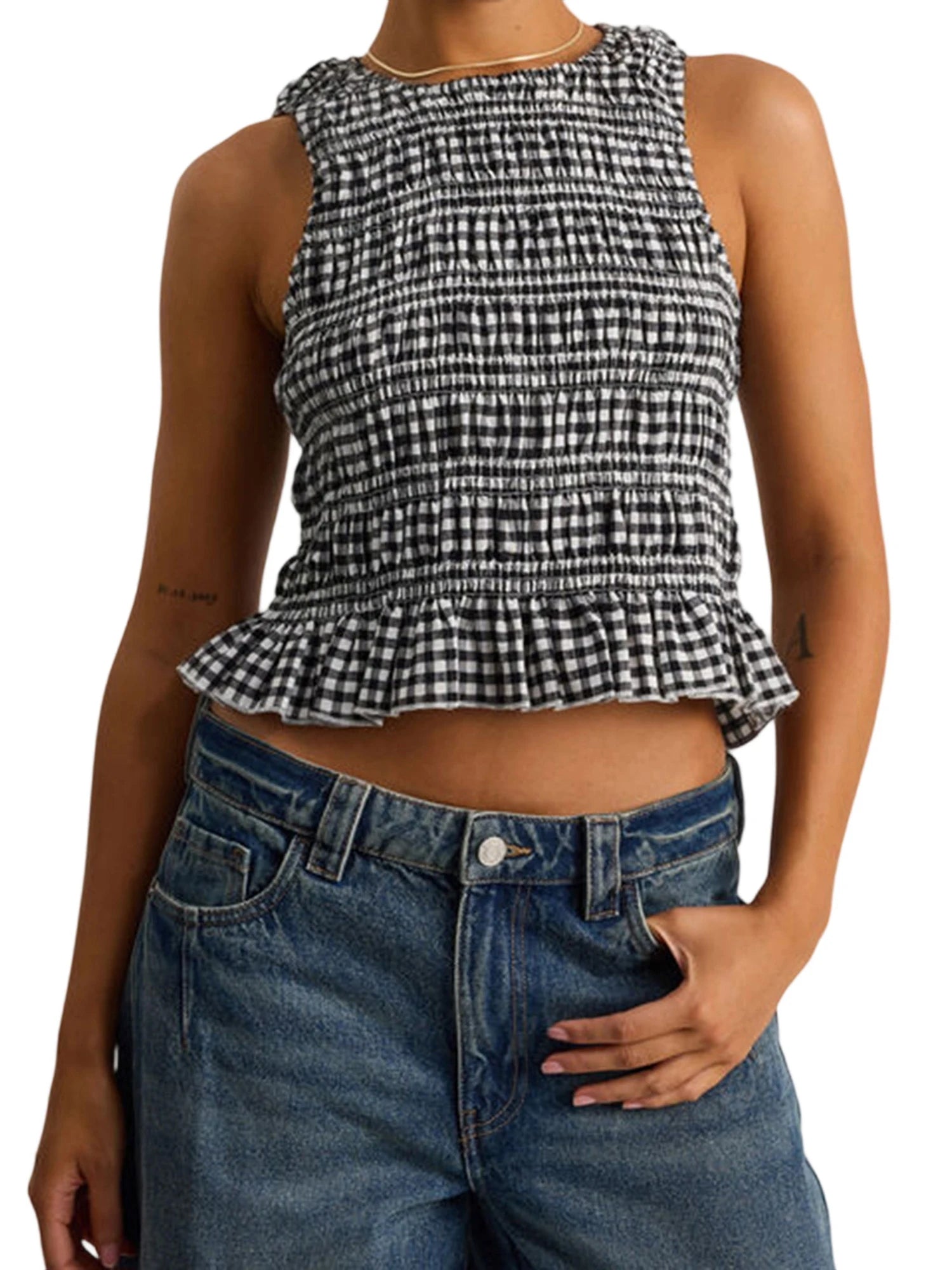 Glorol - Sleeveless O-Neck Plaid Top