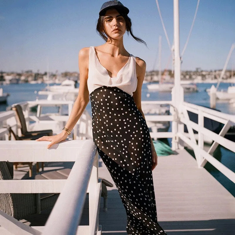Glorol - Polka Dot V-Neck Lace-Up Maxi Dress