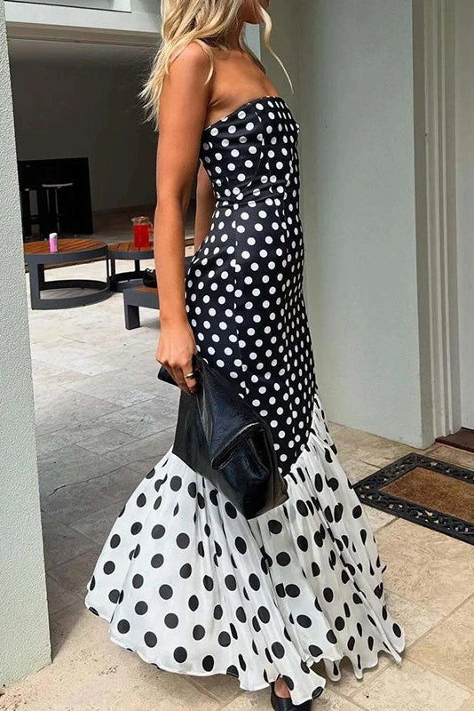 Glorol - Elegant Split Polka Dot Printed Strapless High Waist Maxi Dress