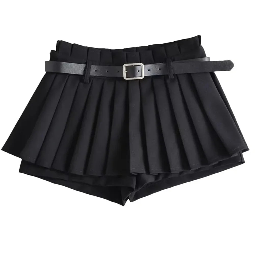 Glorol - Low Waist Pleated Belt Skirt