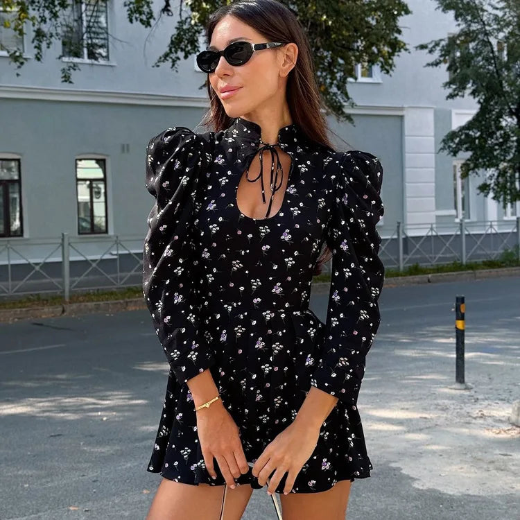 Glorol - Printed Lace Up High Waist A-Line Mini Dress
