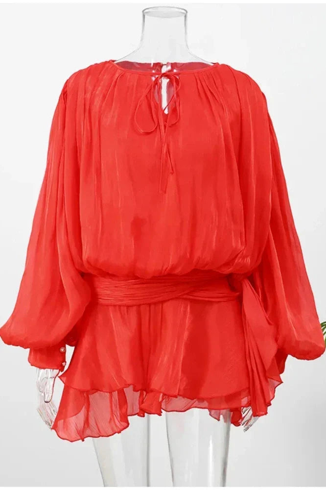 Notiglo - Patchwork A-Line Lace Up Round Neck Flared Sleeve Mini Dress