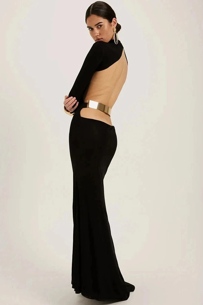 Glorol - Backless Long Sleeve High Collar Bodycon Maxi Dress