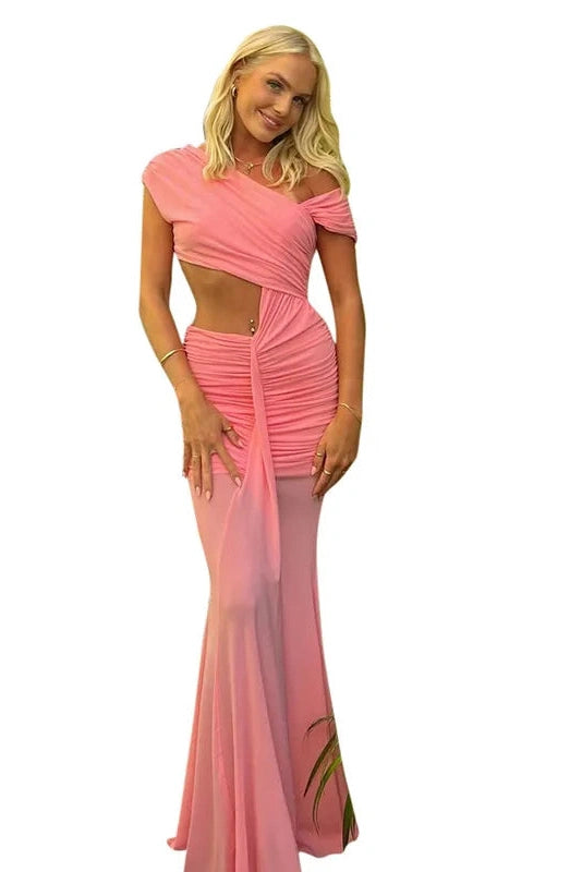 Glorol - Hollow Out Sleeveless Pleated High Waist Off-Shoulder Slim Maxi Dress