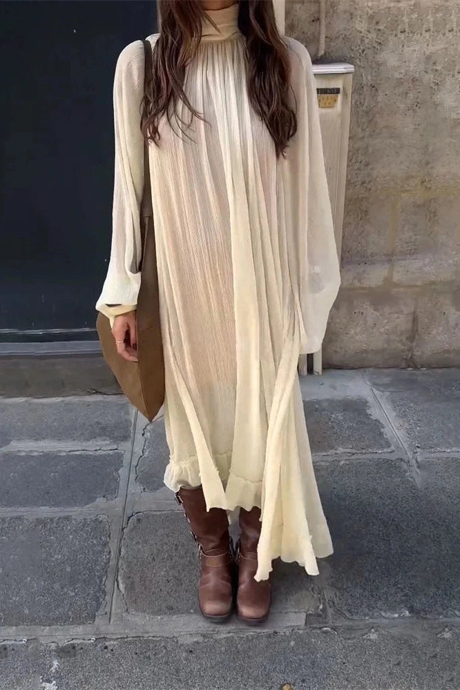 Glorol - Lace-Up See-Through Pleated Bodycon Maxi Dress