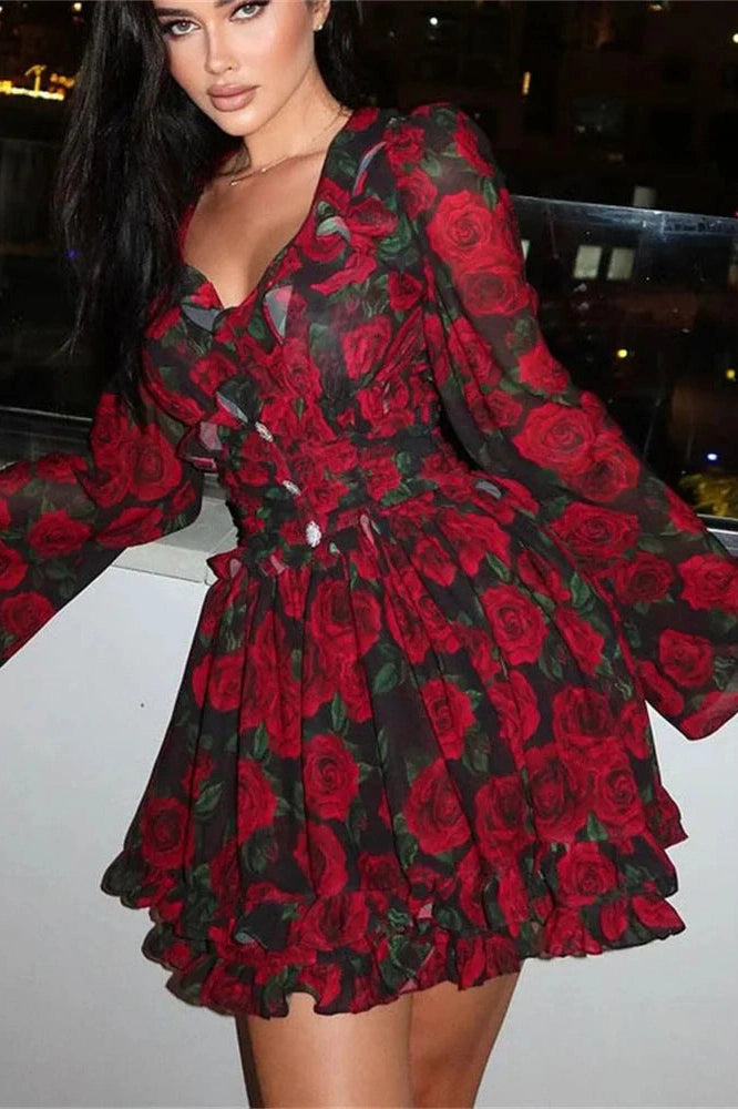 Glorol - Printed V-Neck Patchwork Long Sleeve High Waist Mini Dress