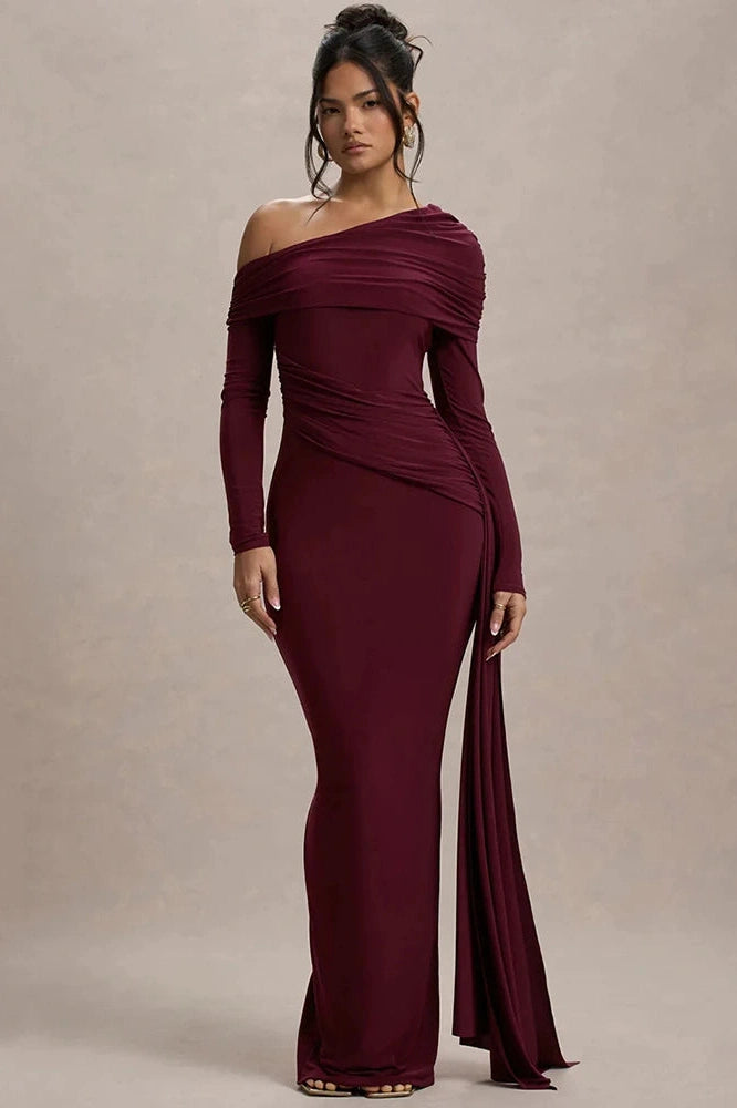 Glorol - Skew Collar Long Sleeve Backless Bodycon Maxi Dress