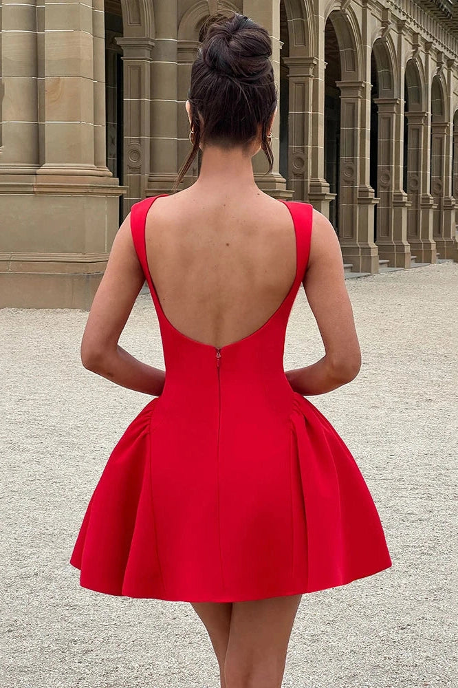 Glorol - Backless High Waist O-Neck A-line Mini Dress