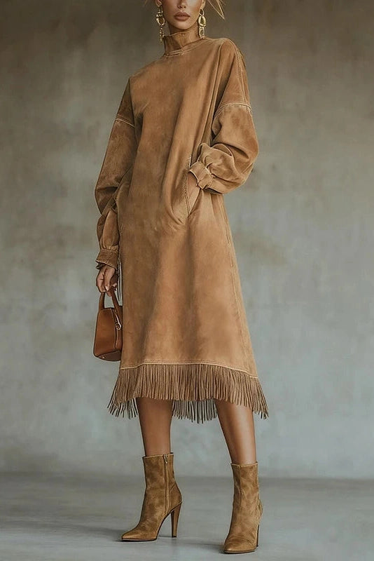 Glorol - Elegant High Collar Loose A-Line High Waist Pocket Midi Dress