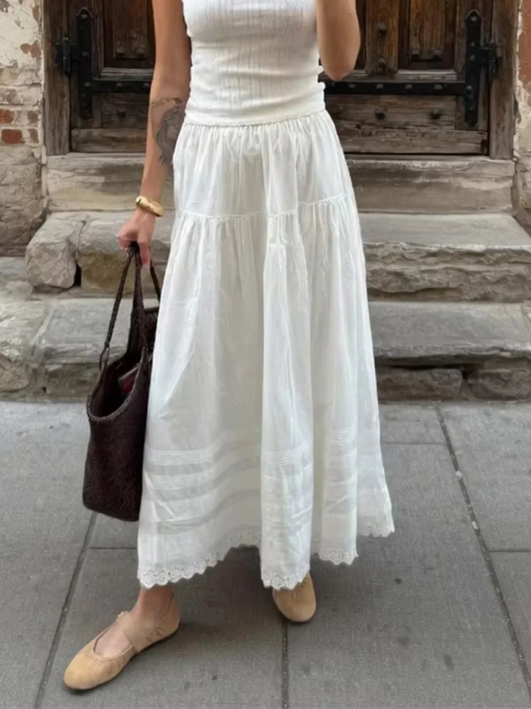Glorol - High Waist Pleated Loose Lace Skirt