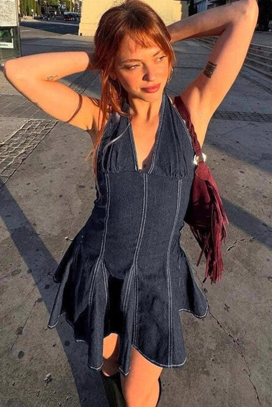 Glorol - Elegant Pleated Sleeveless Backless Slim Mini Dress
