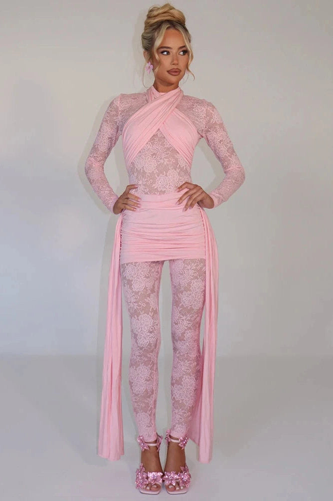Glorol - Sheer Lace Patchwork Long Sleeve Jumpsuit