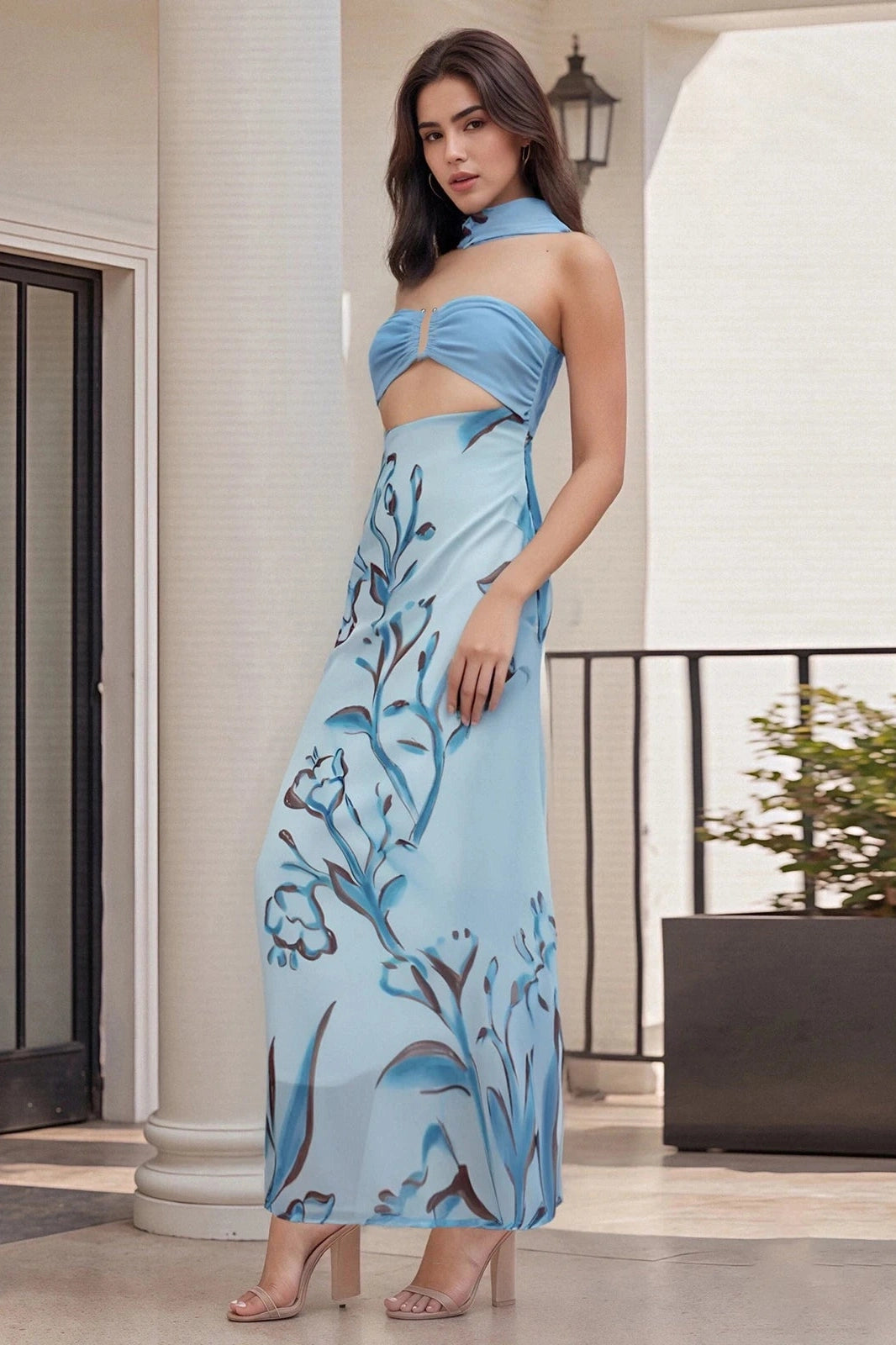 Glorol - Floral Print Backless Strapless Maxi Dress