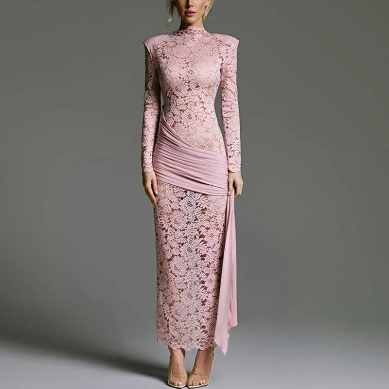 Glorol - Lace Patchwork Hollow Out See Through Maxi Dress