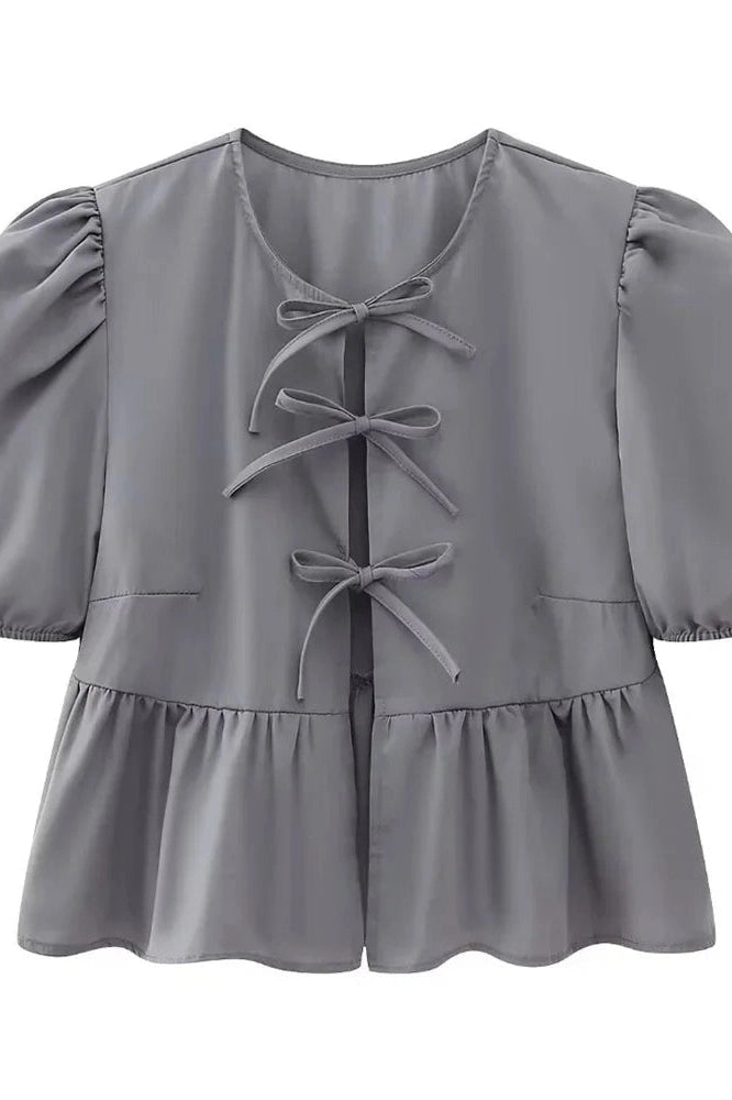 Glorol - Hollow Out Printed Short Sleeve Lace-Up Slim Top