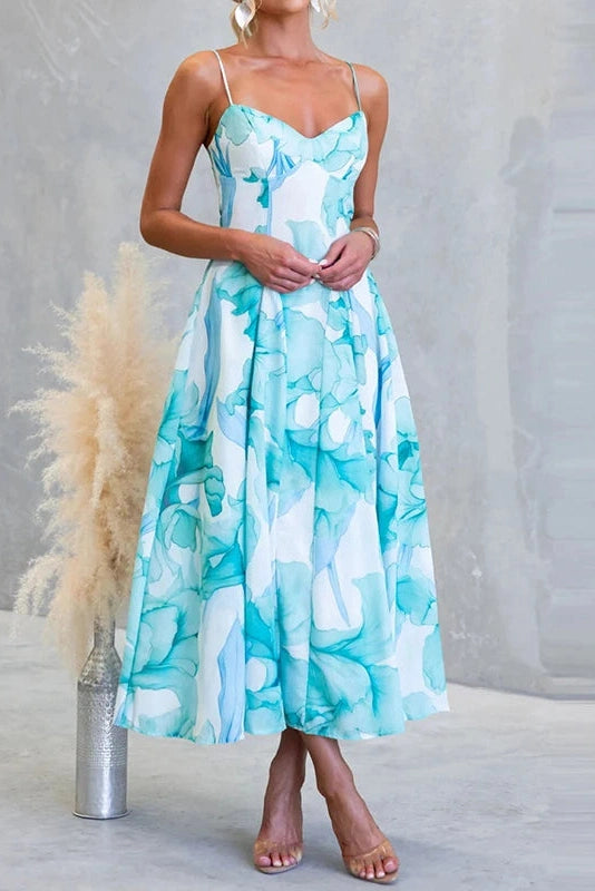 Glorol - Floral Printed High Waist Sleeveless Pleated Midi Dress