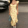 Glorol - Floral Lace-Up Patchwork Backless Maxi Dress