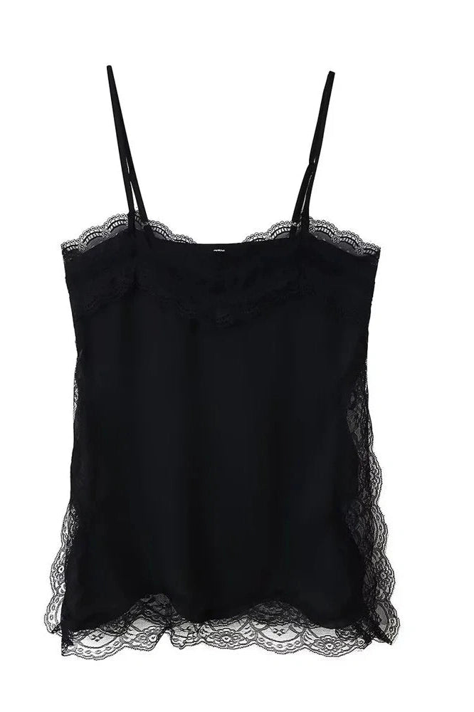 Glorol - Lace Backless Patchwork Strap Printed Slim Top