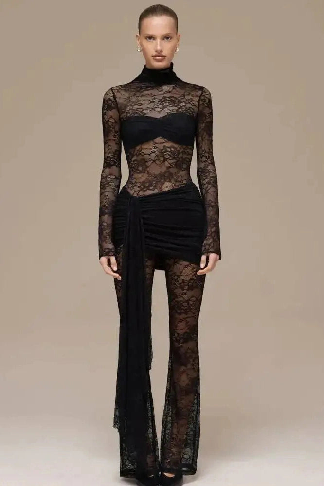 Glorol - Lace Patchwork O Neck Long Sleeve Jumpsuit