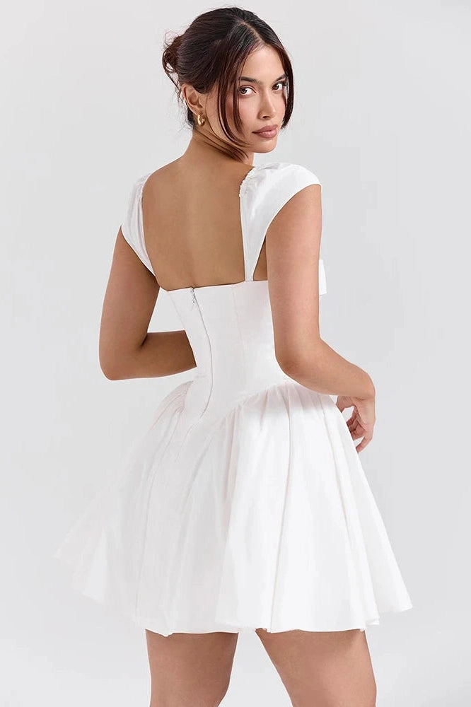 Glorol - Backless Square Collar Short Sleeve A-line Mini Dress