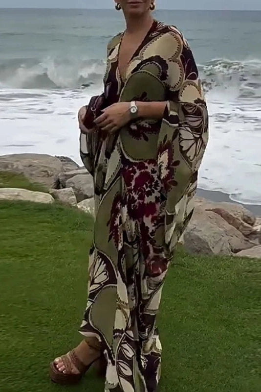 Glorol - Sleeves Loose Pleated High Waist Printed V-Neck Maxi Dress