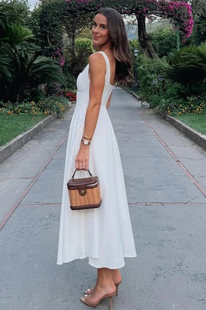Glorol - Sleeveless Square Collar High Waist A-Line Midi Dress