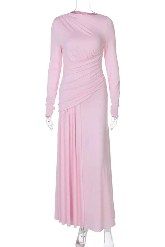 Glorol - Slim Long Sleeve O Neck Patchwork Pleated Irregular Maxi Dress