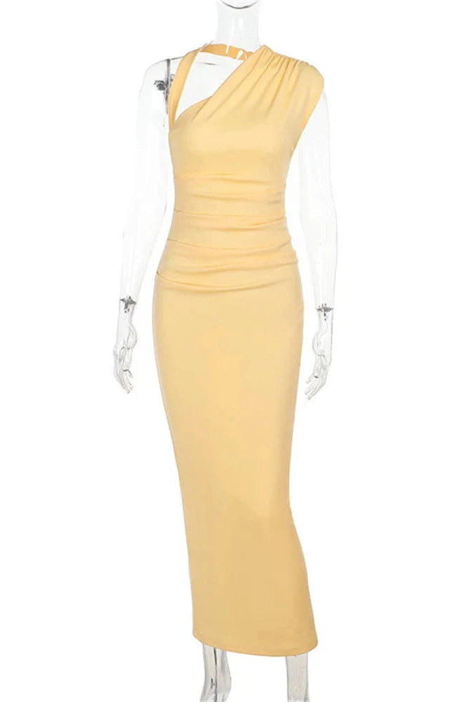 Glorol - Pleated High Waist Slim Backless Maxi Dress