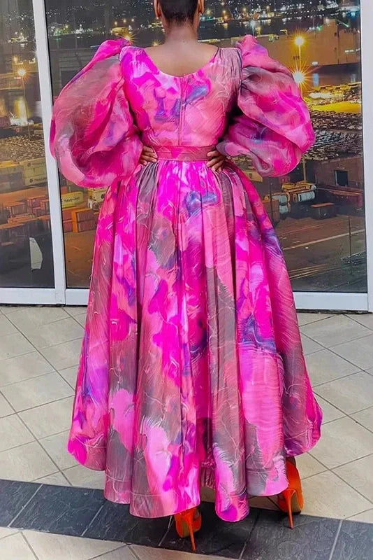 Square Collar Pleated High Waist Printed Long Sleeve Maxi Dress