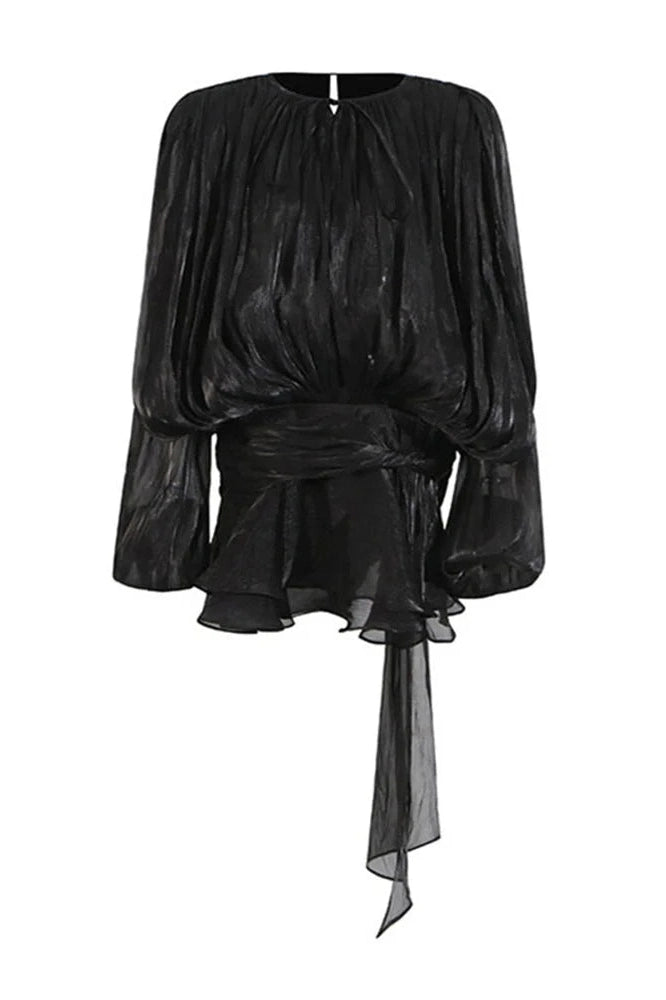 Glorol - Elegant Pleated Long Sleeve High Waist Mini Dress